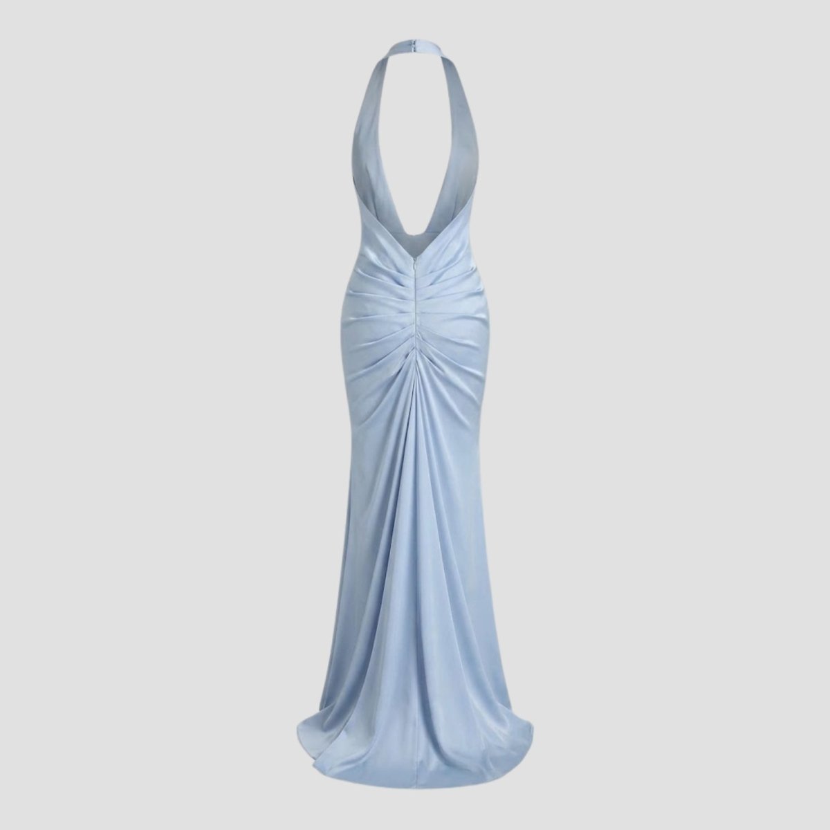 Flat lay product shot of the back of the Beverly light blue satin halter maxi dress, showing the open-back and ruching.
