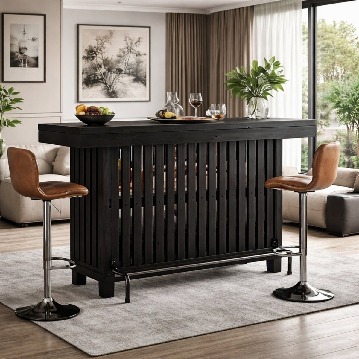 Front view of the black slatted home bar by Kouvr with two leather bar stools, set in a sophisticated living room with artwork on the wall.