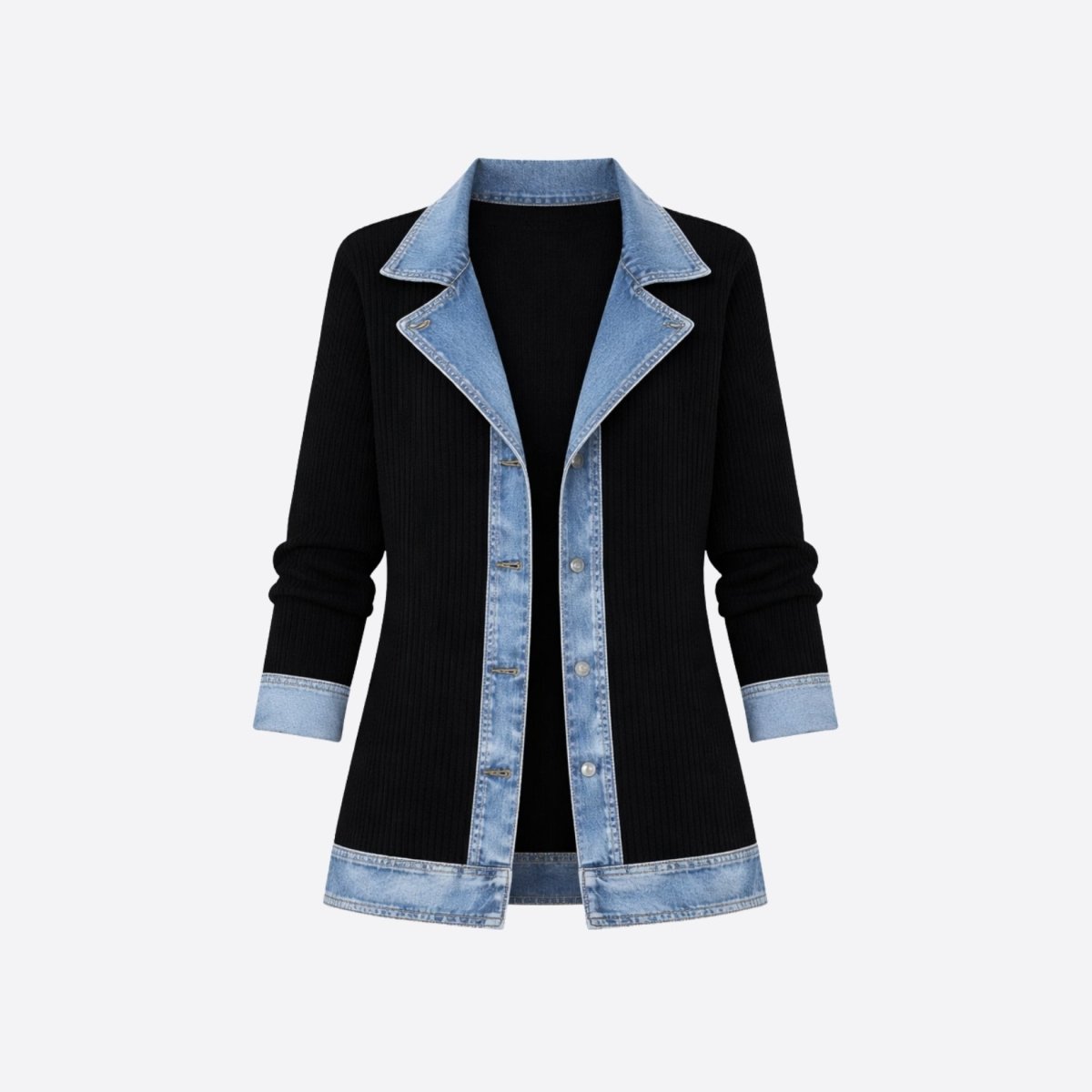 Flat lay front view of the Kouvr black ribbed knit and blue denim contrast button-up cardigan jacket.