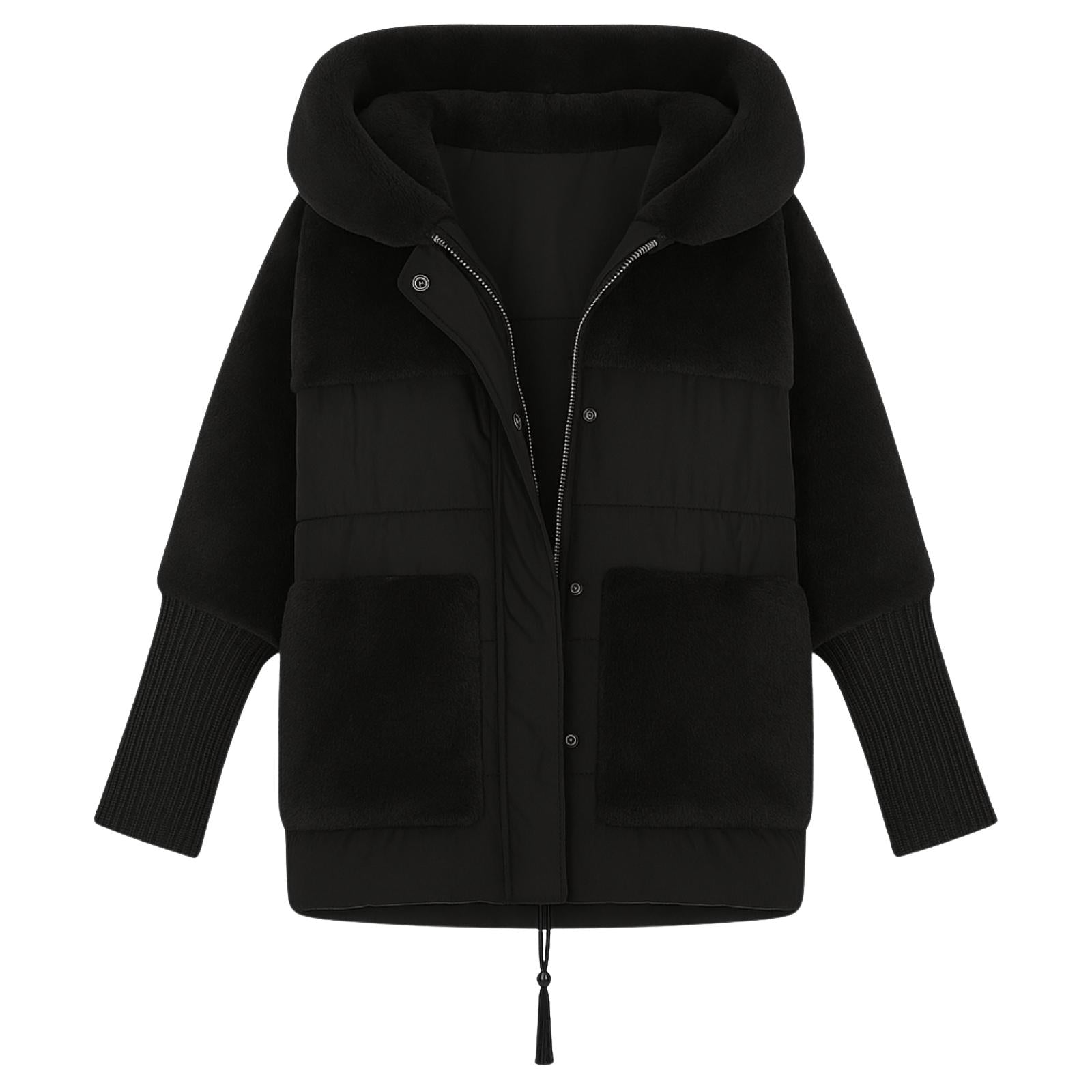 Model wearing the Kouvr deep khaki mixed media puffer jacket with faux shearling hood, viewed from the front