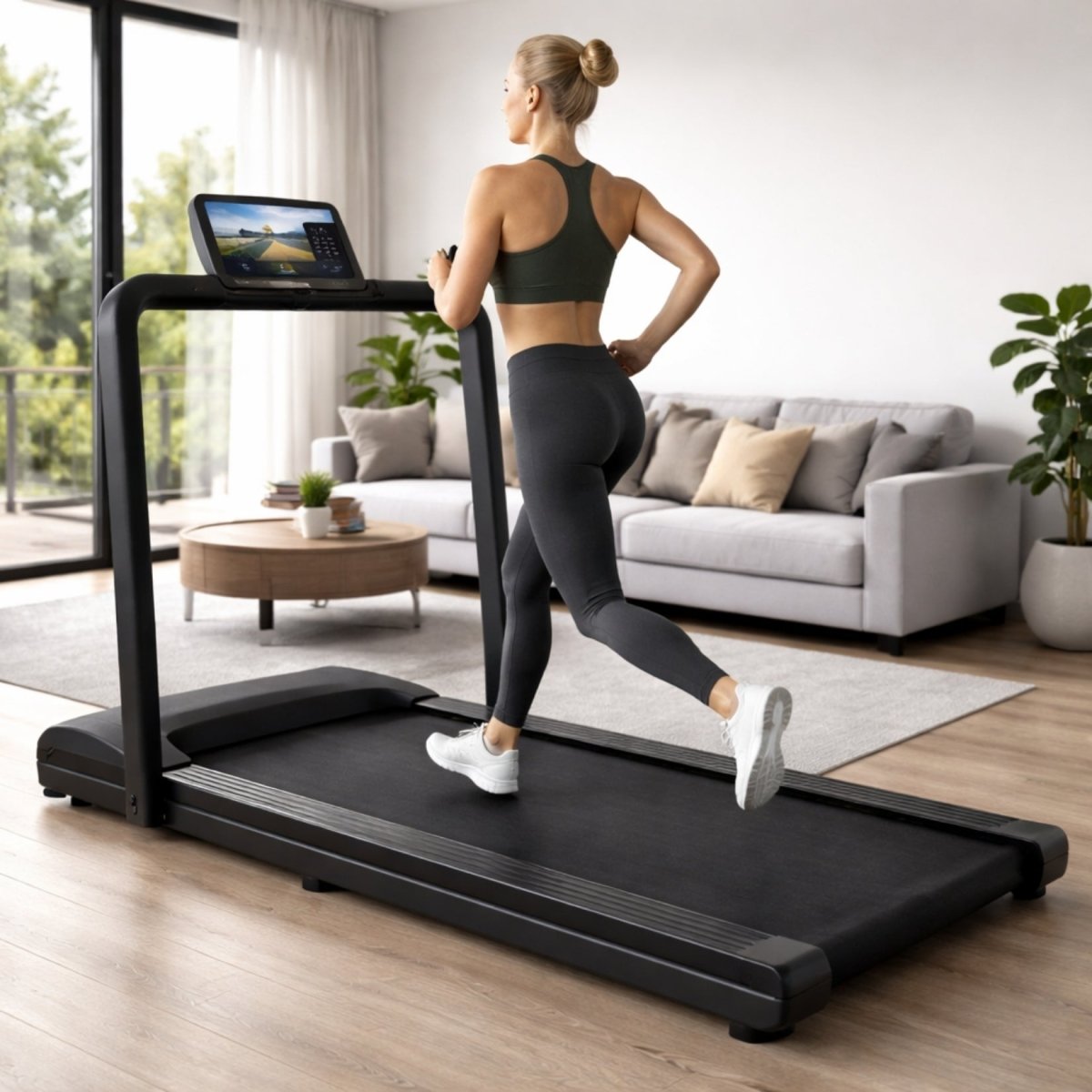 Woman running on Kouvr black folding treadmill in a modern luxury living room setting with natural light