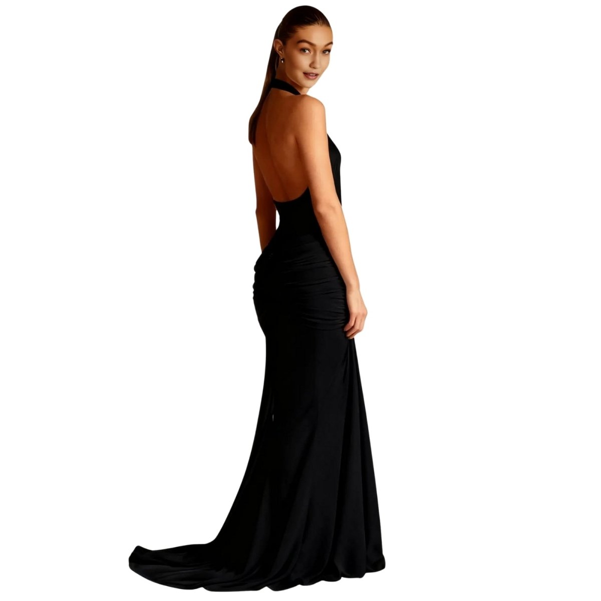 Woman wearing a black Kouvr evening gown on a white background