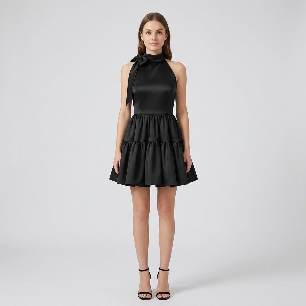 Front view of blonde model wearing the Kouvr black halter tiered mini dress with bow tie neck and voluminous A-line skirt for cocktail parties.