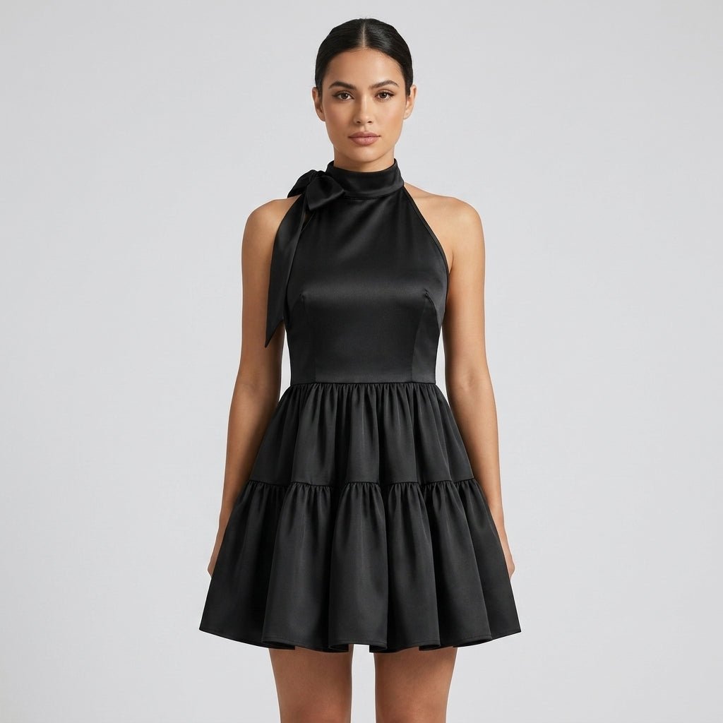 Close up front view of brunette model modeling the affordable luxury Kouvr black sleeveless halter neck mini dress.