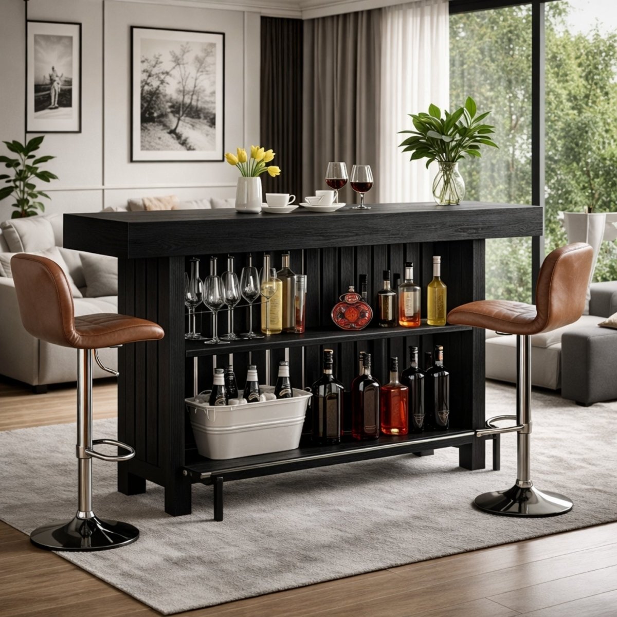 View of the back of the black Kouvr home bar, showing the open shelving stocked with wine glasses, liquor bottles, and an ice bucket.