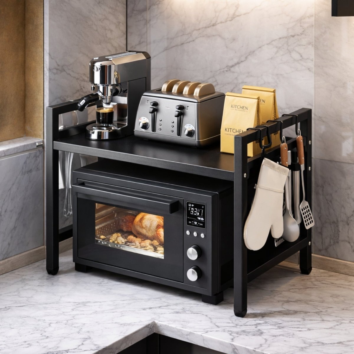 Full view of the black Kouvr kitchen organizer shelf in a luxury kitchen setting, demonstrating its capacity to hold multiple small appliances.