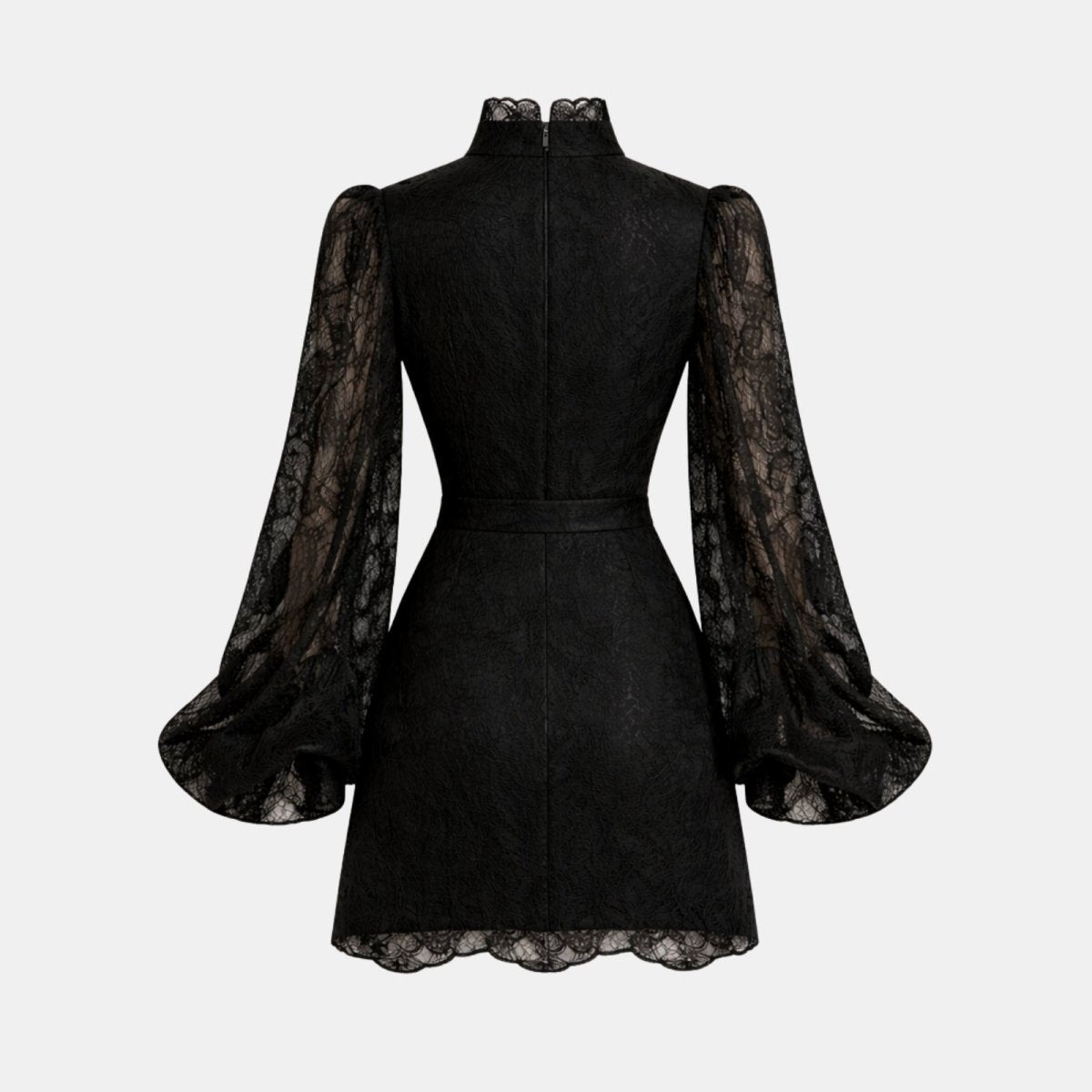 Back view product shot of a black floral lace mini dress showing the waist seam and full A-line skirt, laid flat on a white background.