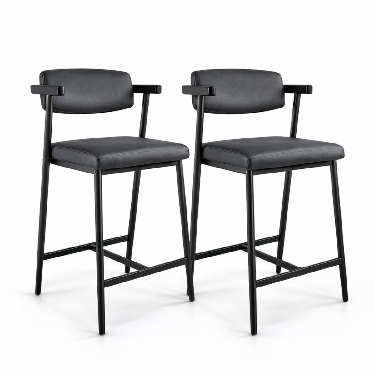 A pair of Kouvr counter height stools with black faux leather upholstery and black metal frames shown on a clean white background.