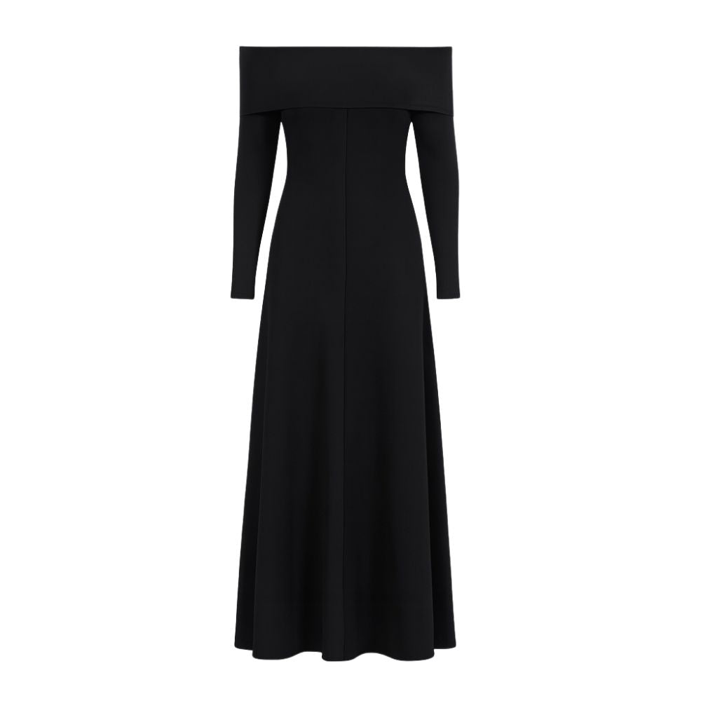 Black kouvr  off-shoulder long dress on a white background