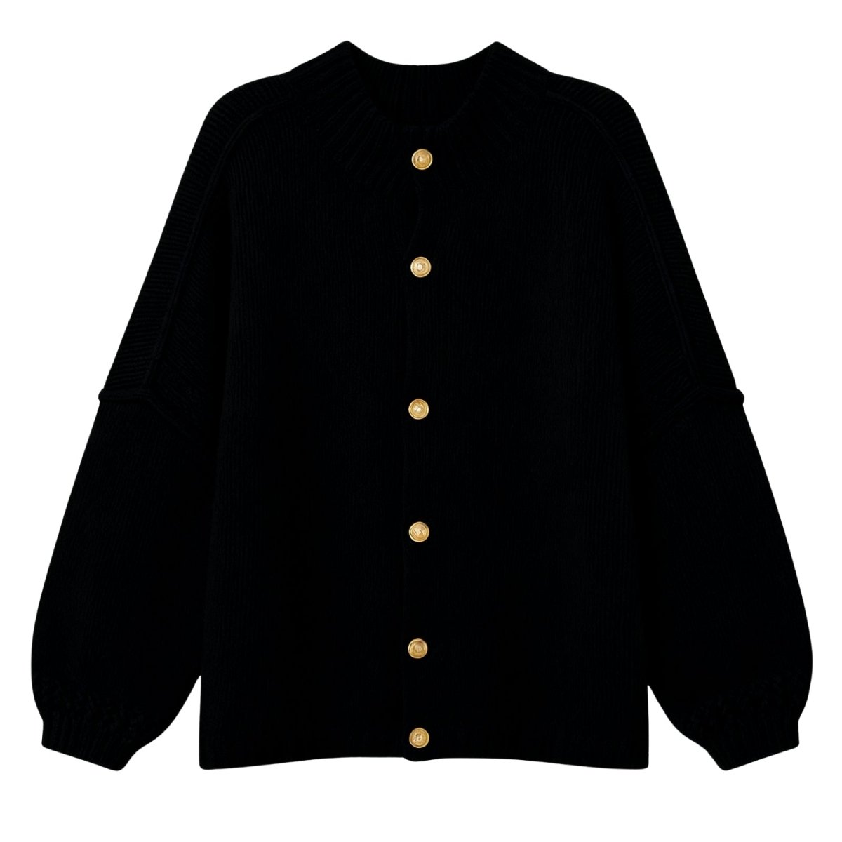 Flatlay product shot of the Kouvr black oversized cardigan showing all six gold buttons and chunky knit detail.