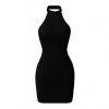 Black kouvr halter neck dress on a white background