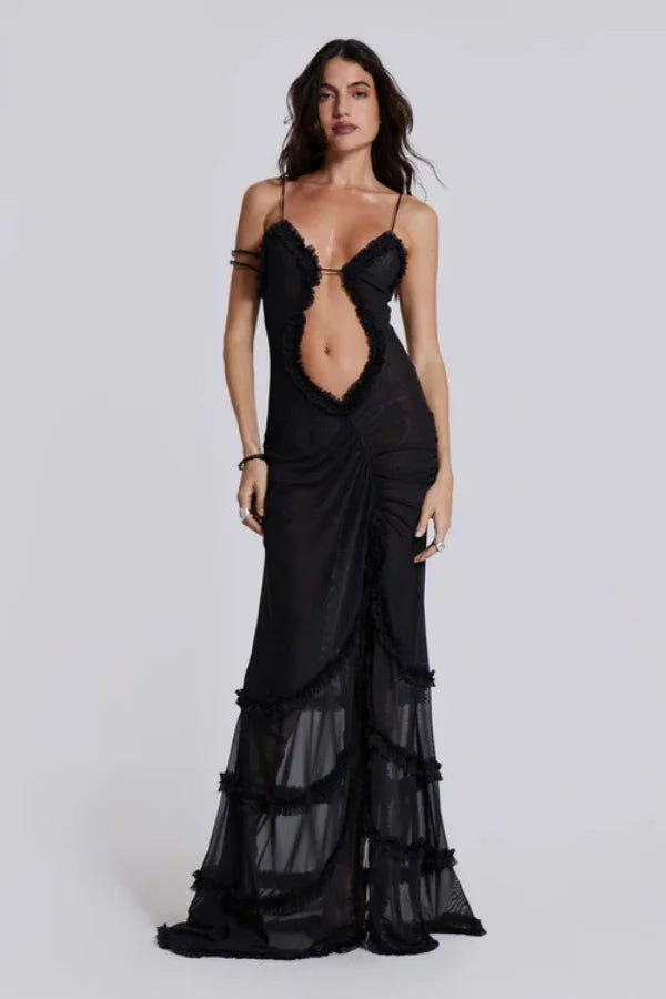 Black Cutout Maxi Dress with Ruffles | Sheer Mesh Formal Gown Plunging  Neckline | Gothic Evening Statement Dress for Women
