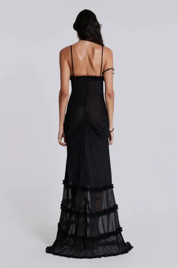 Weave semantically related terms like "plunging neckline", "gothic romance", "statement silhouette", "mermaid hem", and "avant-garde" into the product page copy to build topical authority