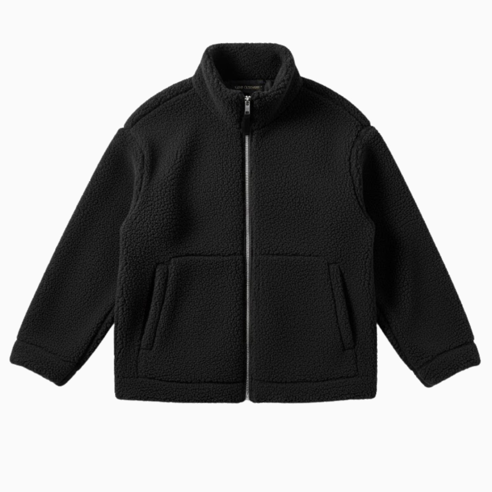 Flat lay product shot of the Kouvr black sherpa fleece jacket, zipped up to display the full front, pockets, and texture.