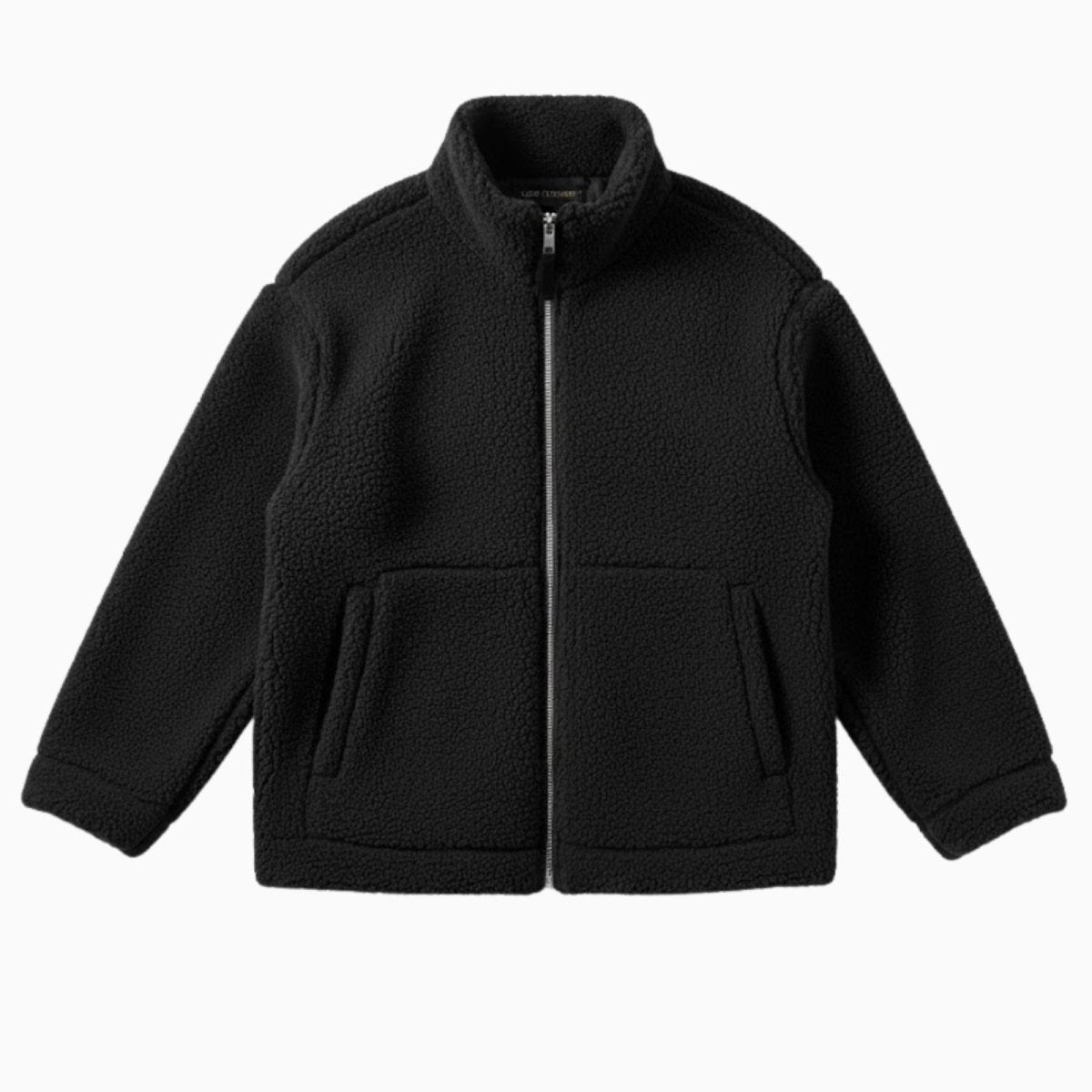 Flat lay product shot of the Kouvr black sherpa fleece jacket, zipped up to display the full front, pockets, and texture.