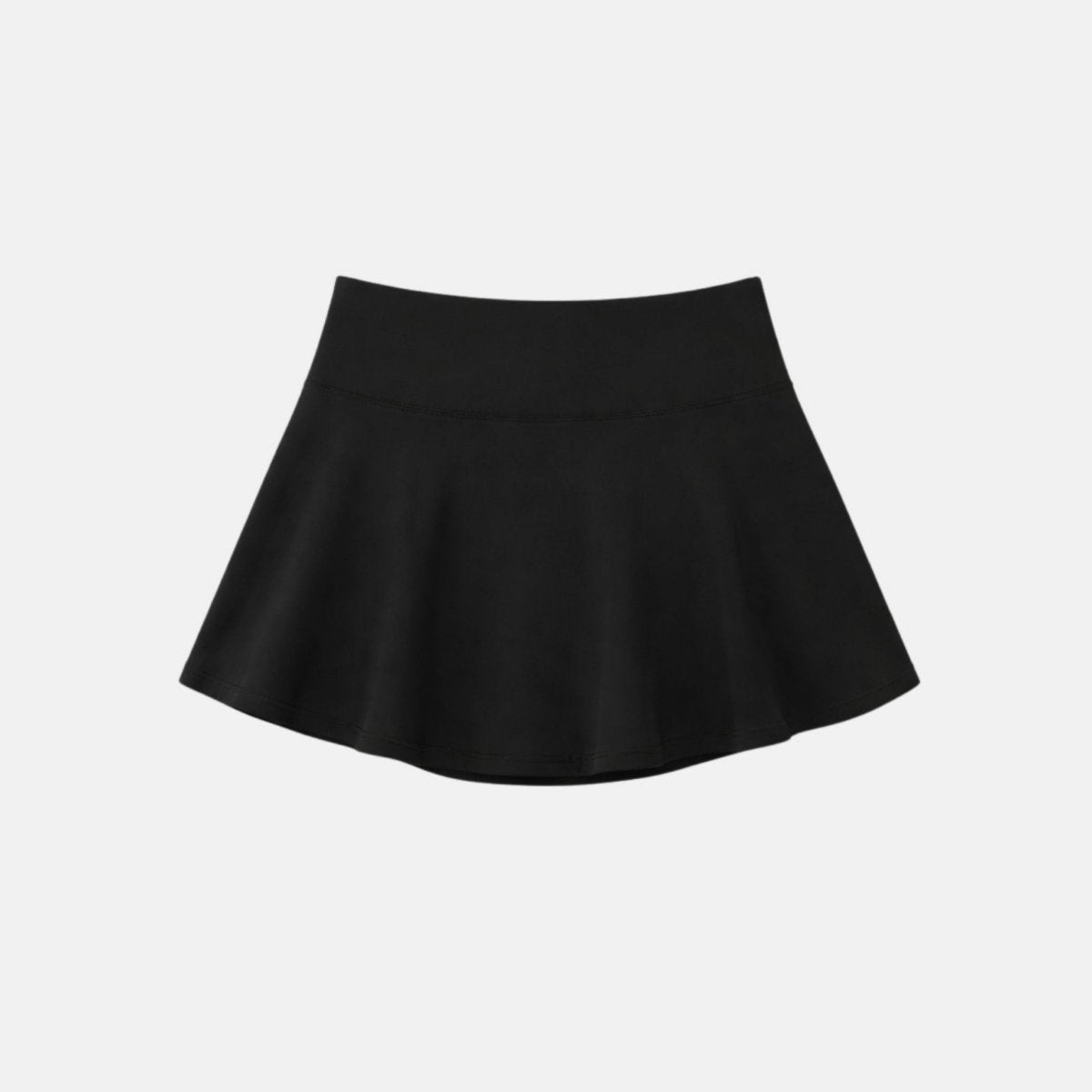 Isolated flatlay back view of black athletic mini skirt with flat waistband design.