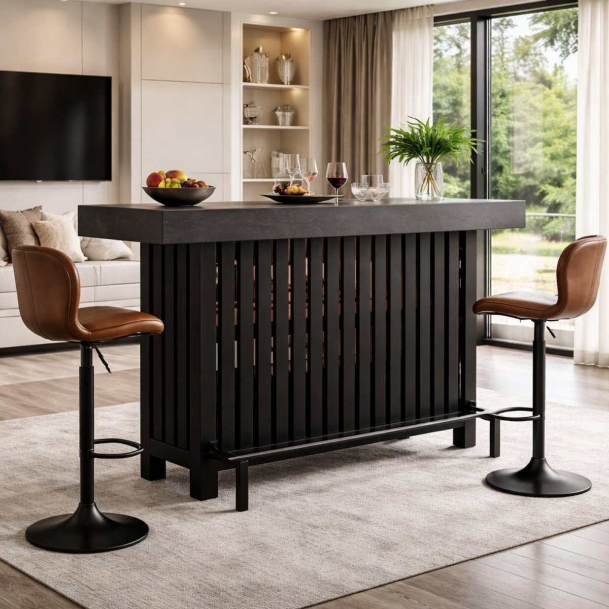 Angled view of the black slatted wood bar cabinet by Kouvr in a contemporary living space with two brown leather bar stools.