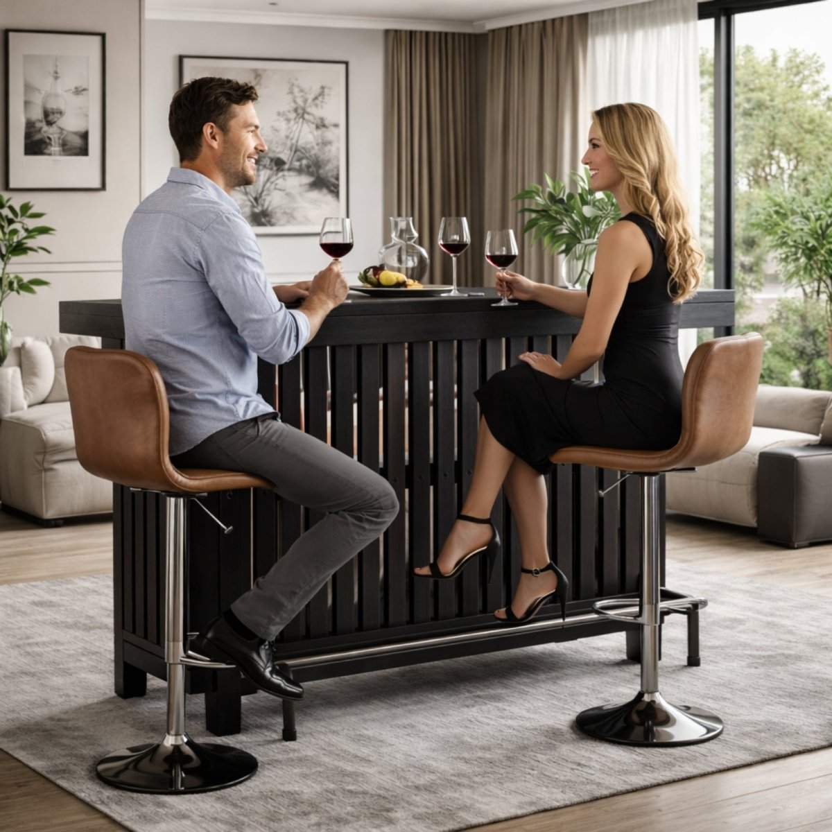 A man and woman sitting at the black version of the Kouvr slatted wood home bar in a bright, modern living room, enjoying red wine.