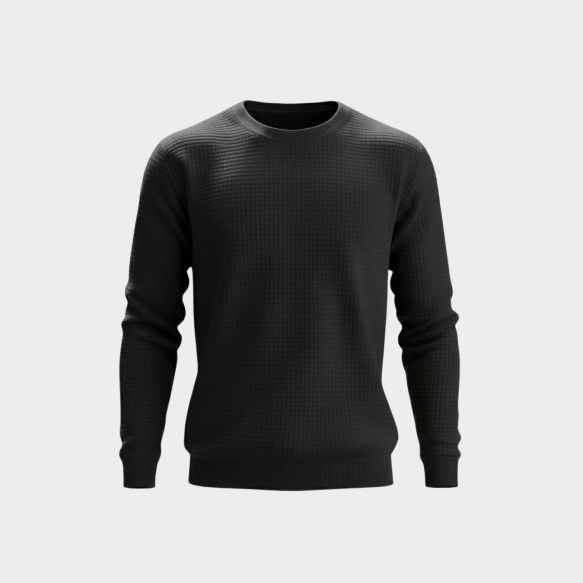 Front view of the Kouvr men's black long sleeve waffle-knit sweater on a white background, highlighting the thermal texture.