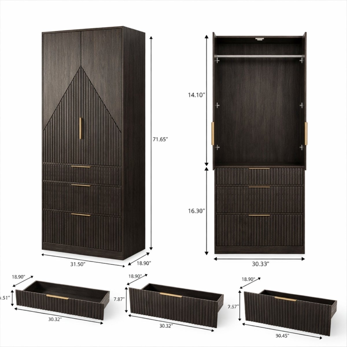 Technical dimension diagram of Kouvr armoire showing 71.65 inch height, 31.5 inch width, and drawer depth specifications for space planning.