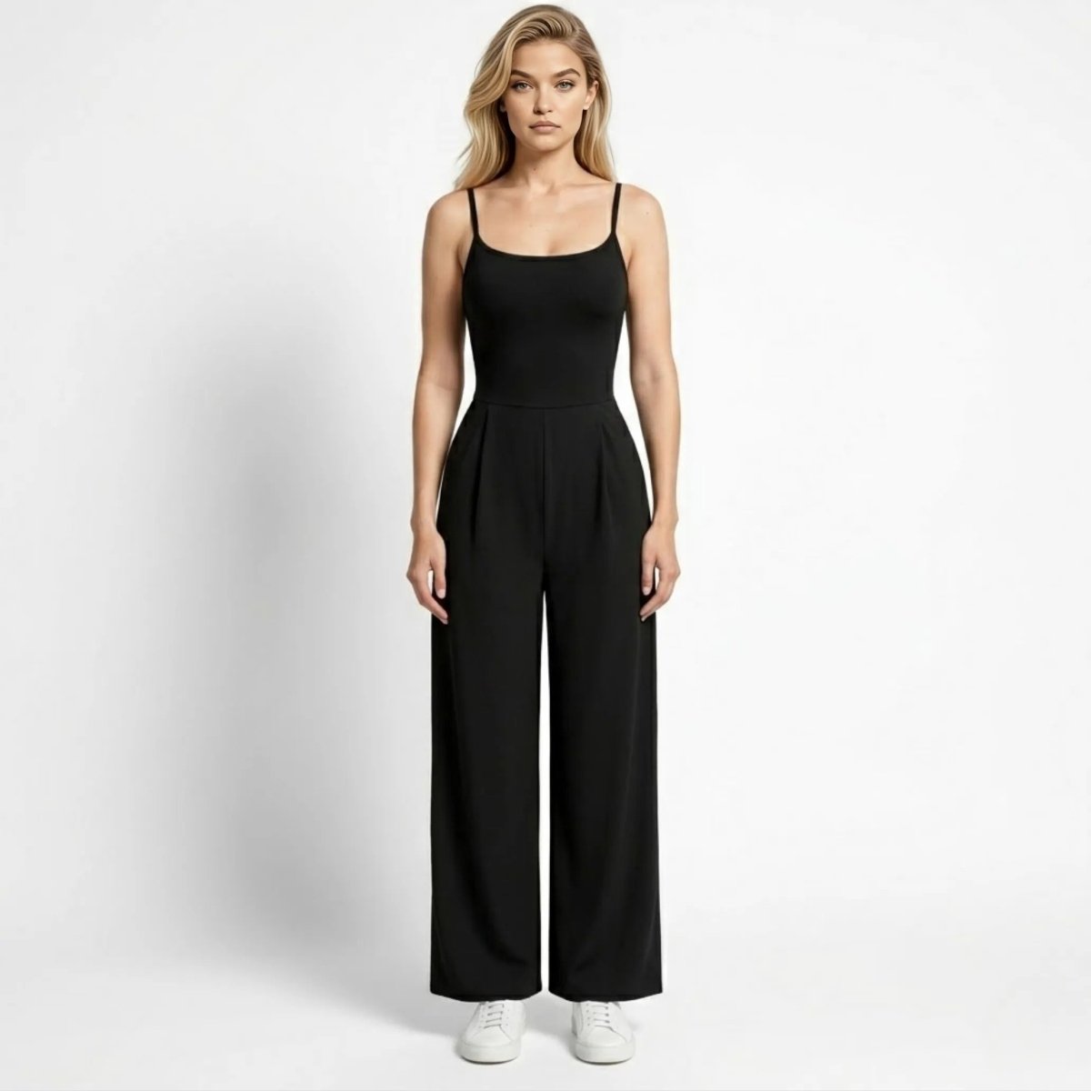 Woman modeling Kouvr black wide leg jumpsuit with scoop neck and spaghetti straps