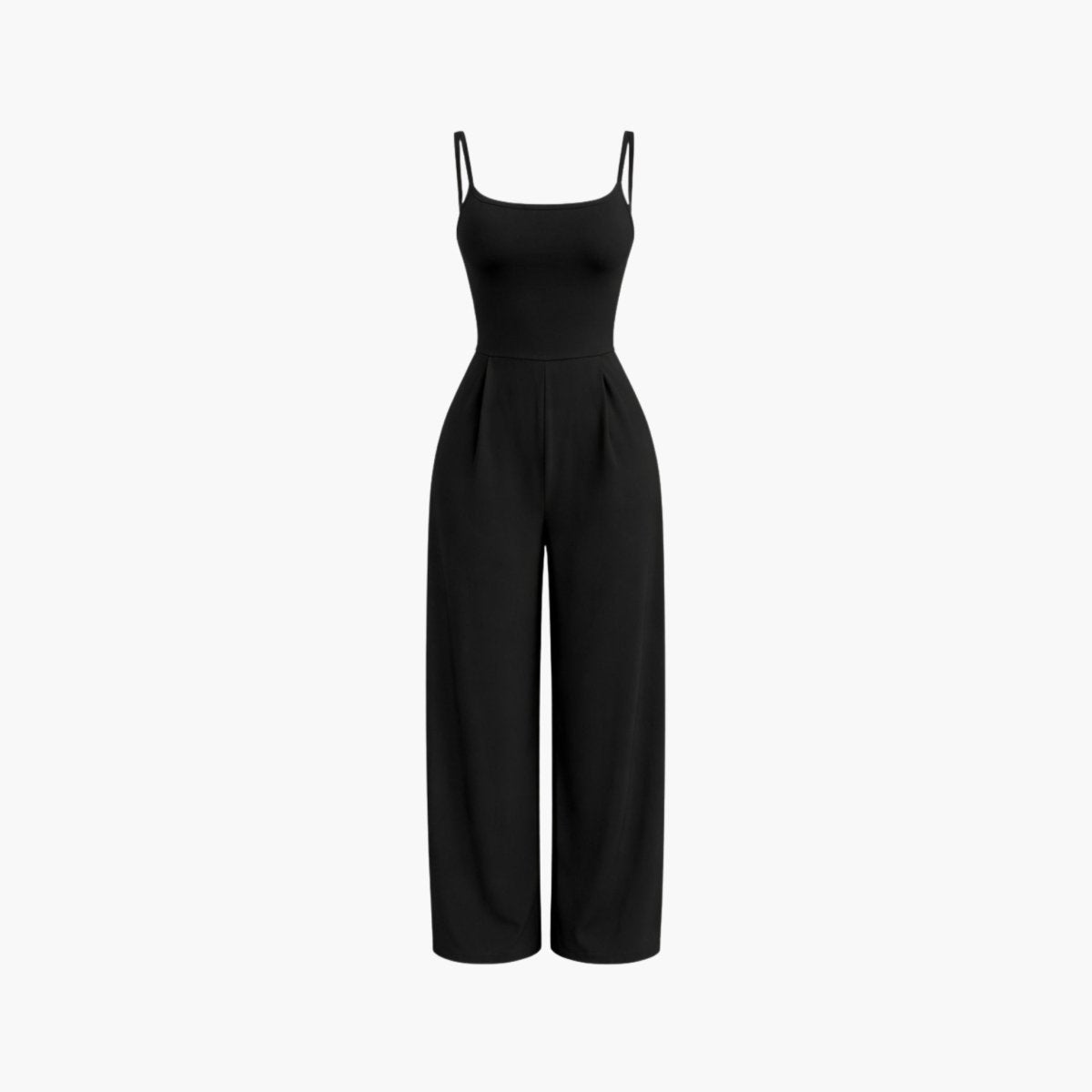 Flat lay front view of Kouvr black scoop neck wide leg jumpsuit with pleated trousers