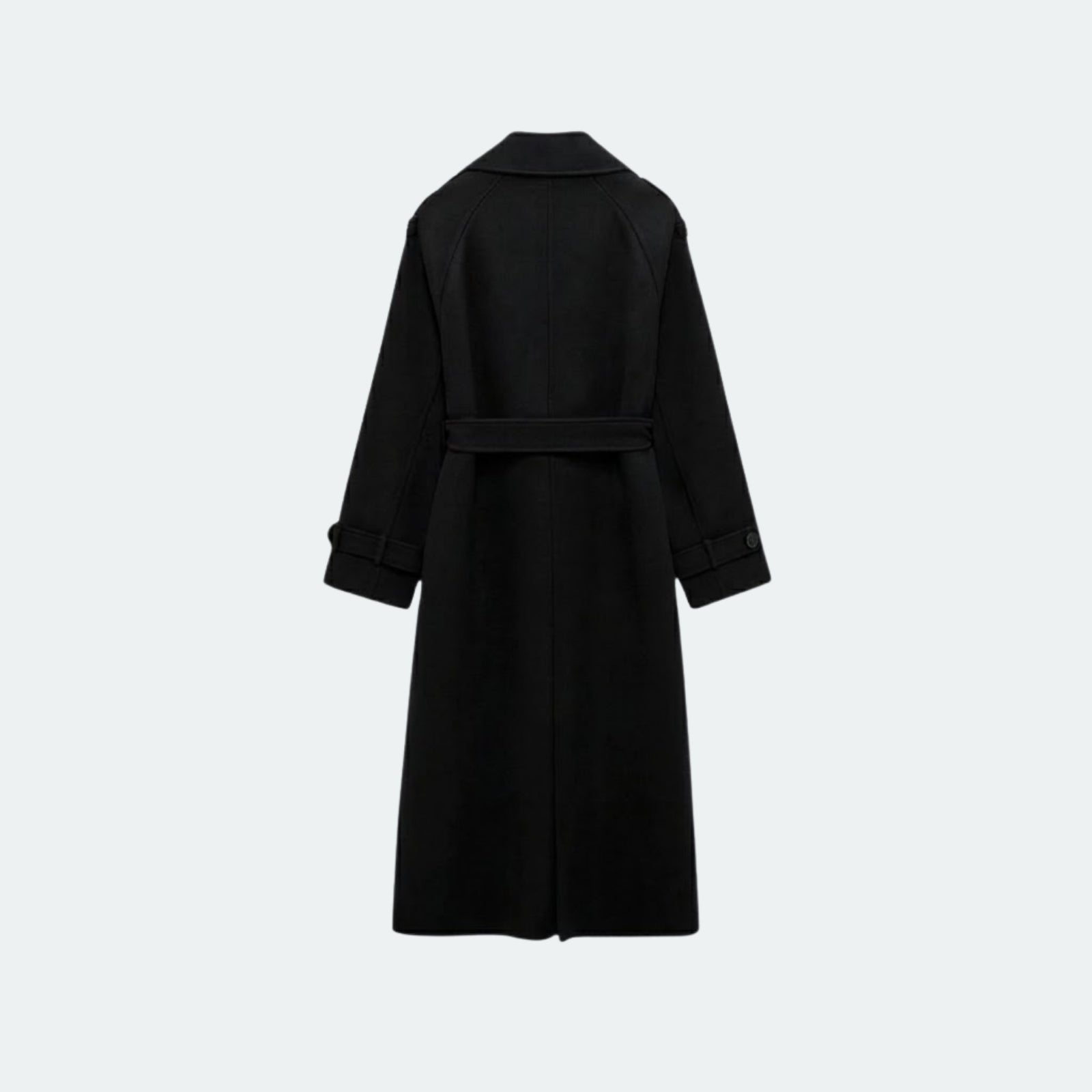 Back flat lay view of the Kouvr black wool trench coat, displaying the belt and vent detail for ease of movement.