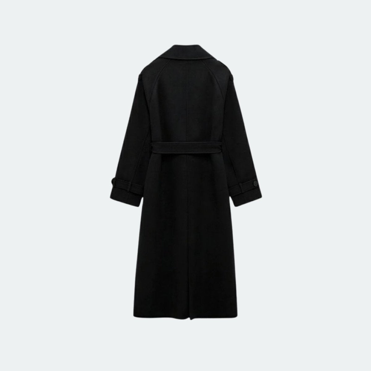 Back flat lay view of the Kouvr black wool trench coat, displaying the belt and vent detail for ease of movement.