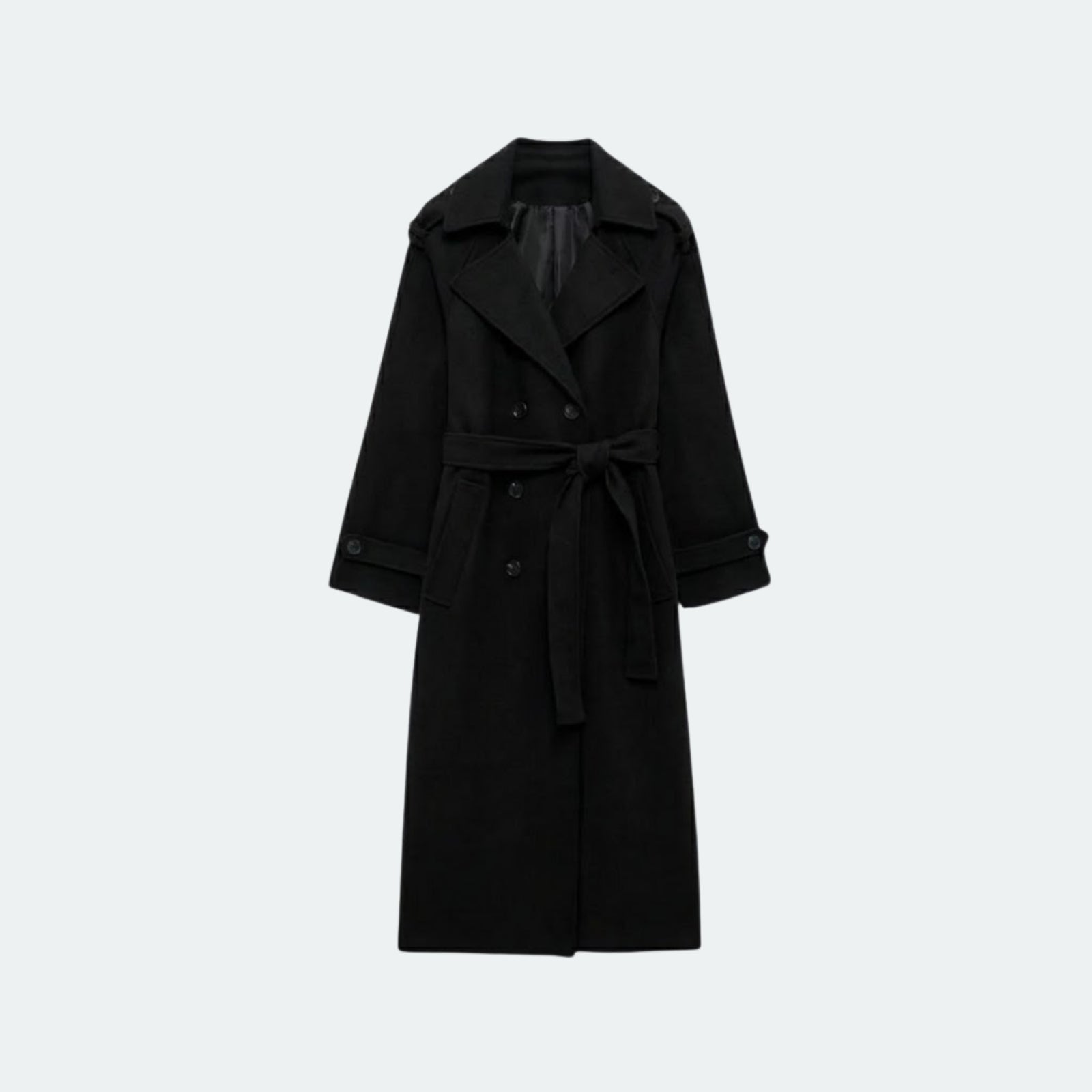 Flat lay of the Kouvr double-breasted black wool trench coat with the belt tied, showcasing the wide lapels and button details.