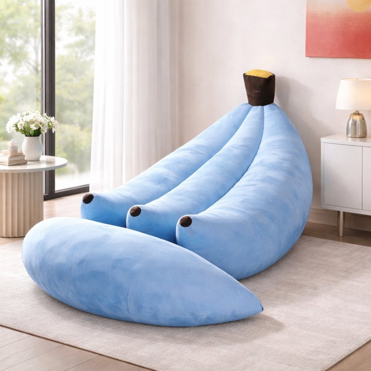 Bright blue banana shaped gaming chair with thick memory foam cushioning and supportive headrest stem.