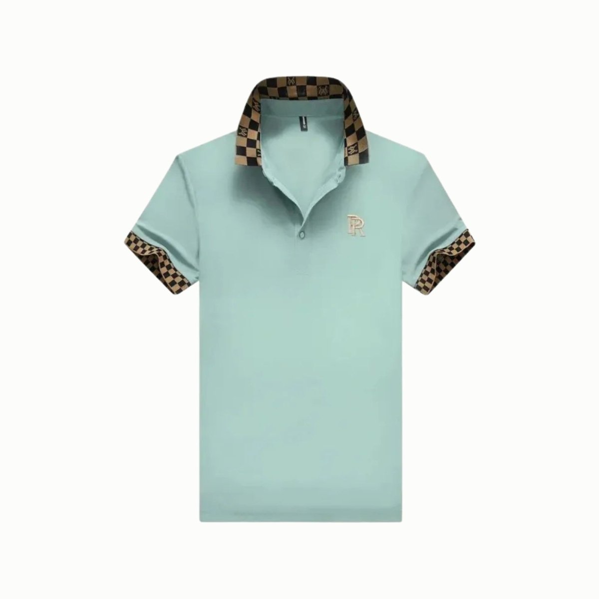 Product image of the Kouvr Fashion Brent men's polo shirt in mint green, showing the embroidered logo and brown and black checkerboard collar.