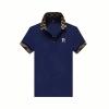 Flat lay of a men's navy blue polo shirt with a gold embroidered R logo and a brown and black checkered collar, showing product details.