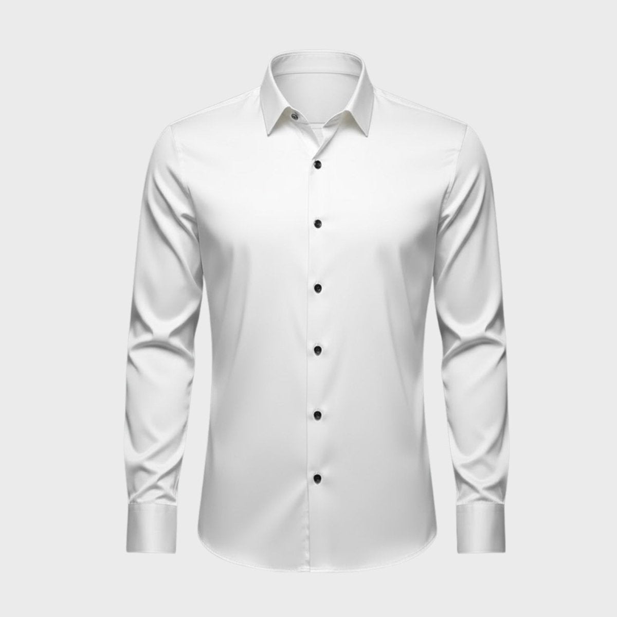 Front flat lay of the Kouvr Fashion men's white dress shirt, detailing the spread collar and full placket of contrasting black buttons.