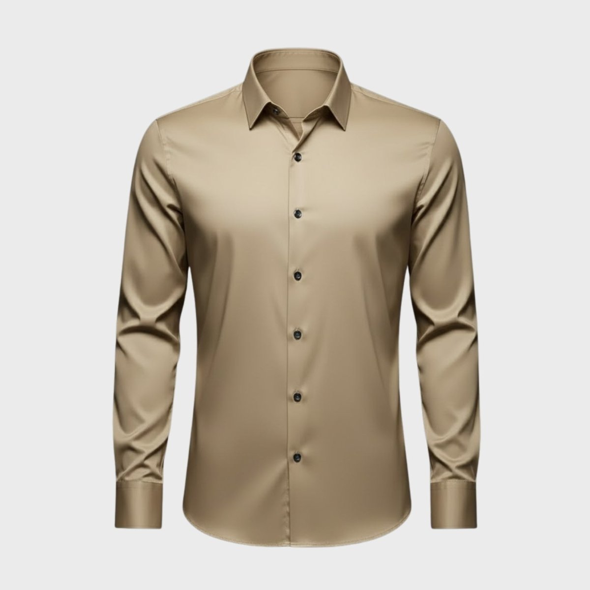 Front view of the Kouvr Briar khaki performance dress shirt laid flat, showing the point collar and contrasting buttons.