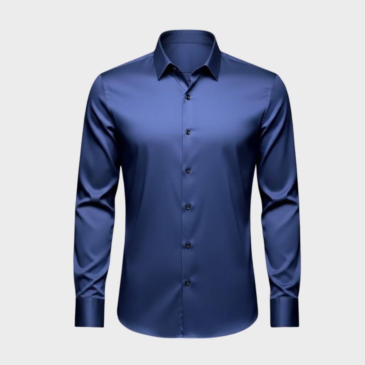 Front flat lay of the Kouvr long sleeve men's dress shirt in slate navy blue, showing the collar and button placket detail.