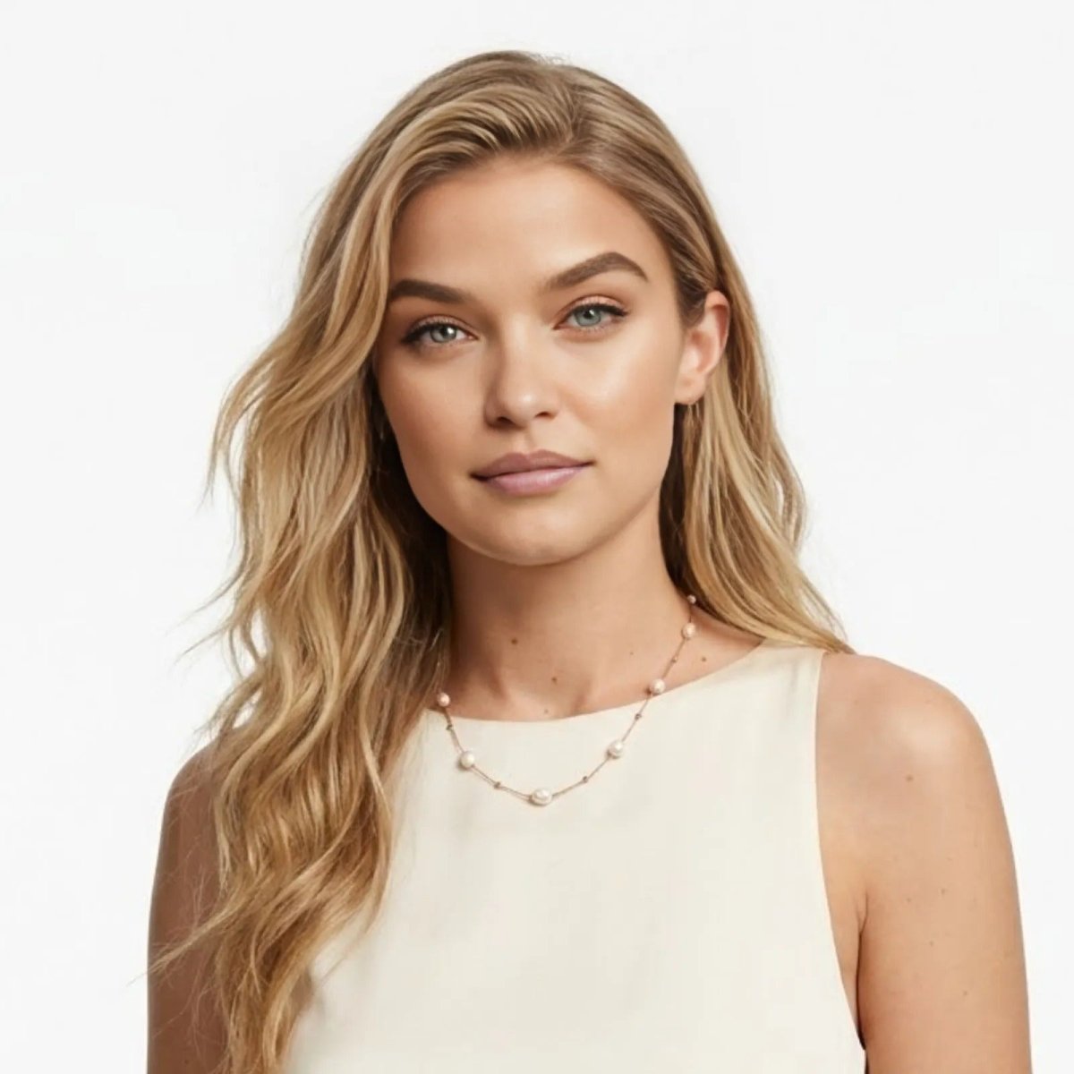 Close-up of a model wearing the Kouvr dainty gold chain necklace with evenly spaced freshwater pearls with a sleeveless white top.