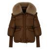 Brown kouvr puffer jacket with fur collar on a white background