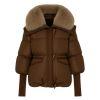 Brown kouvr puffer jacket with fur collar on a white background
