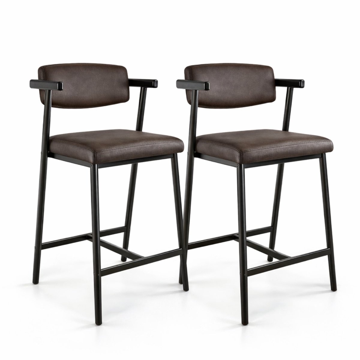 A pair of Kouvr counter height stools with rich brown faux leather upholstery and black metal frames shown on a clean white background.