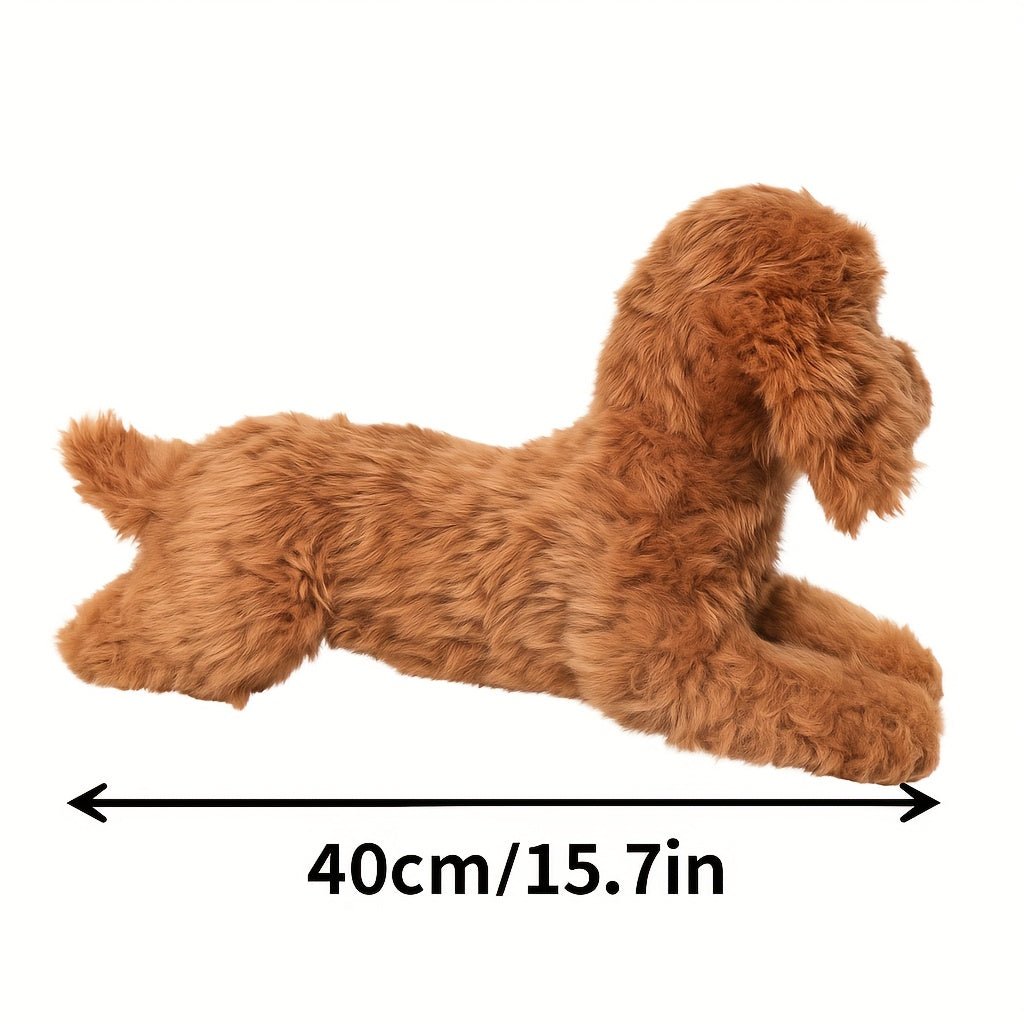 Side profile of a brown poodle stuffed animal in a lying pose, with a graphic indicating its length is 40cm or 15.7 inches.