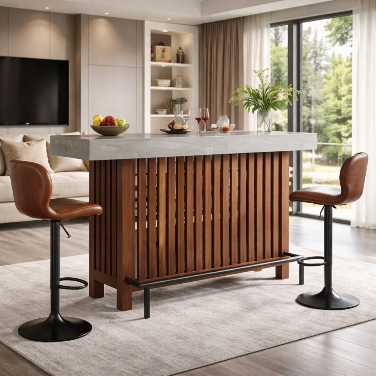 The Kouvr brown wood and concrete home bar placed on a rug in a modern living room, styled with fruit and glassware.