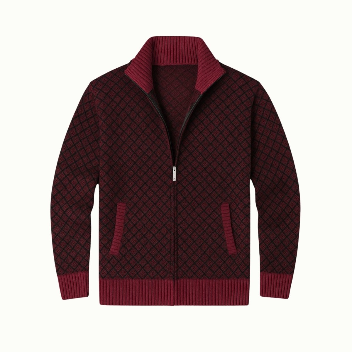 Flatlay product photo of the Kouvr Asti burgundy diamond zip cardigan, unzipped to show interior detail and ribbed collar.