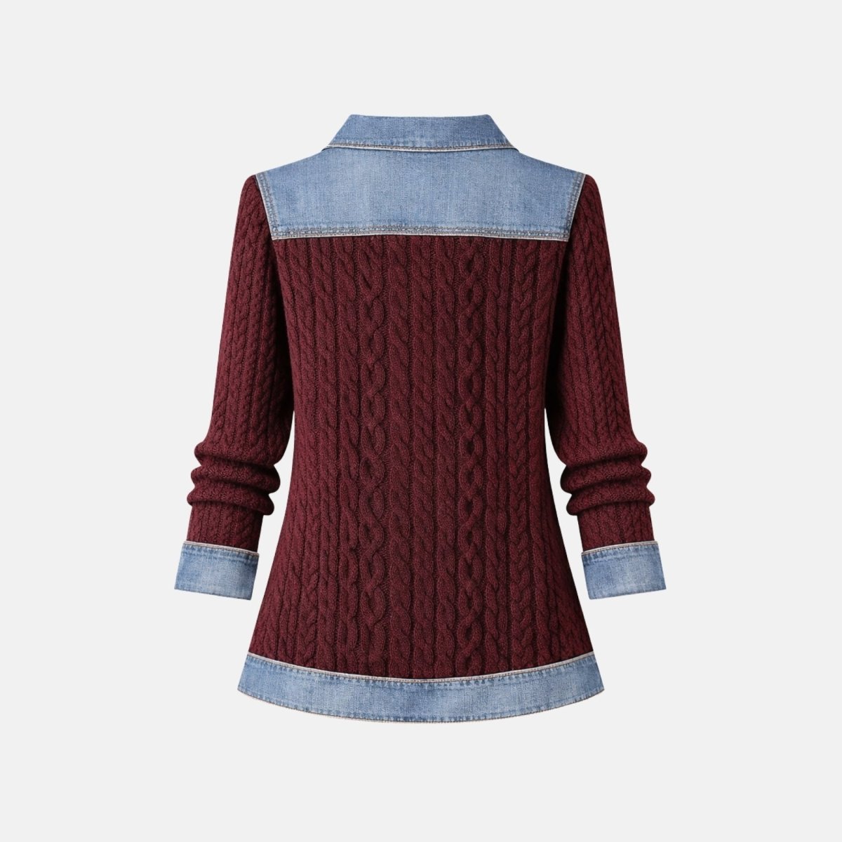 Back flat lay showing the denim shoulder yoke panel blending seamlessly into the solid burgundy cable knit body of the hybrid sweater.