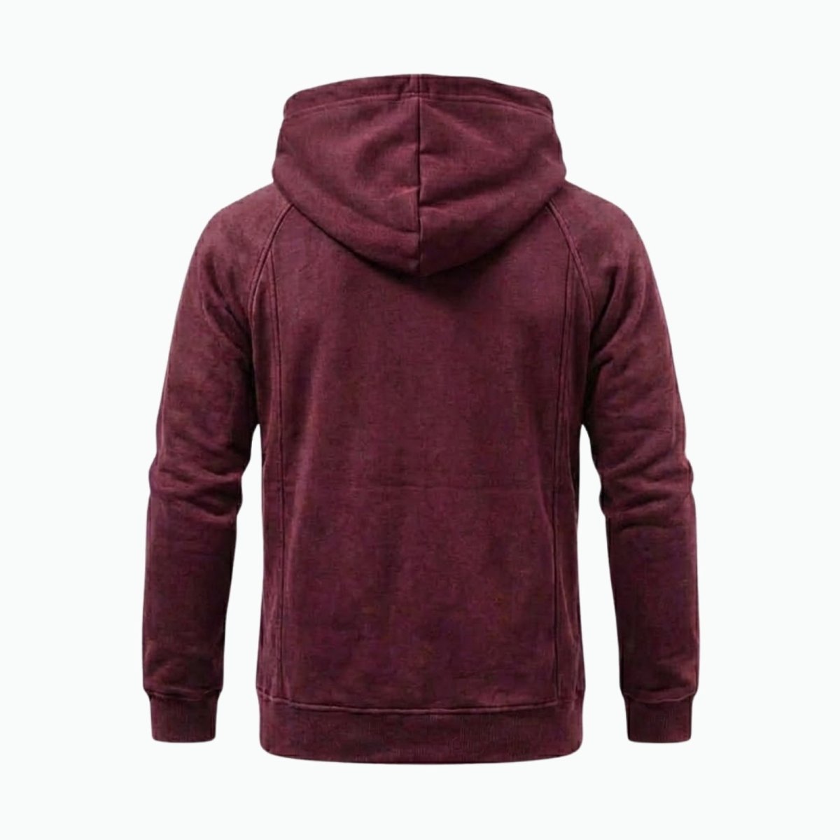 Flat lay back view of the Kouvr burgundy hoodie, showing the seams, hood shape, and plush velour-fleece texture.