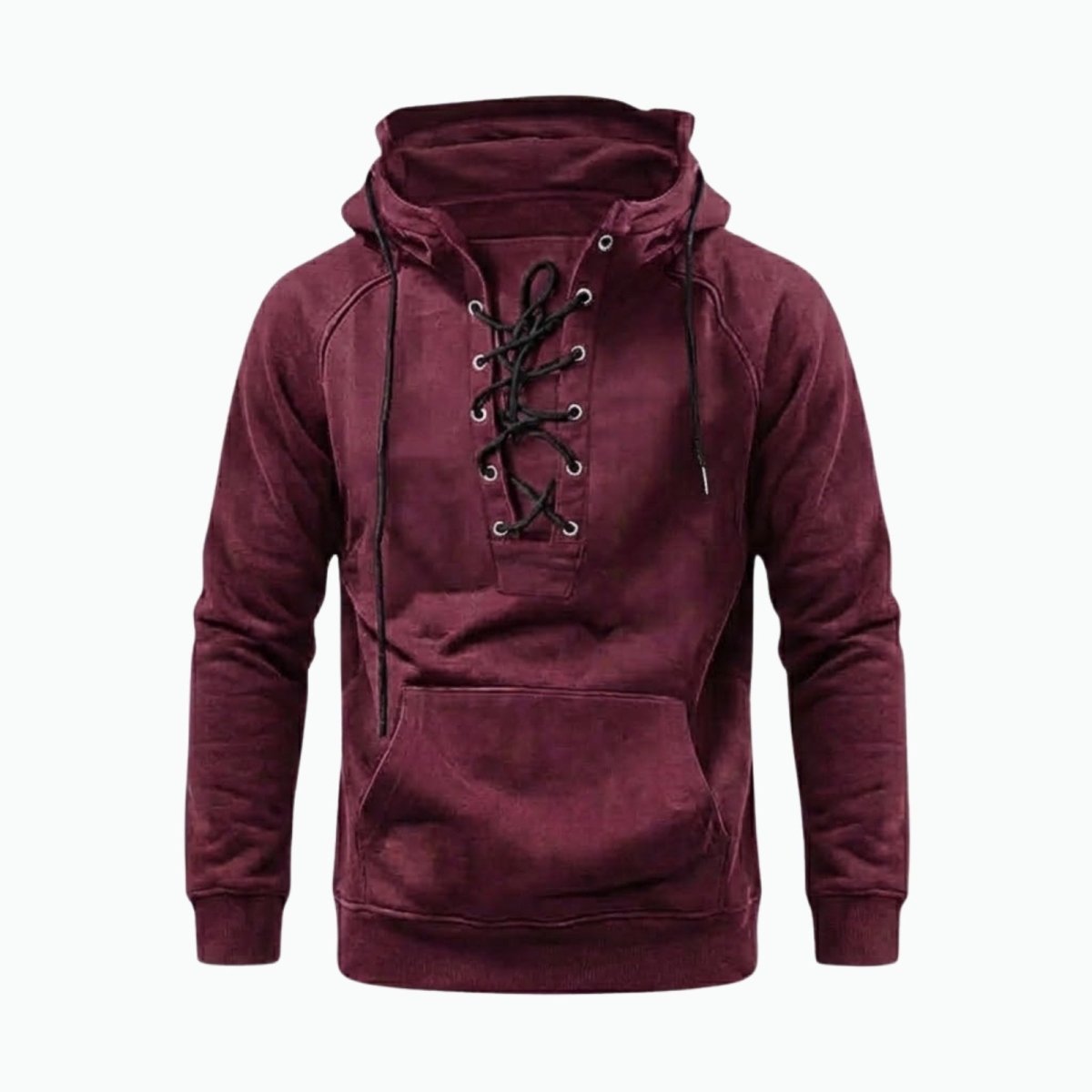 Flat lay front view of the Kouvr burgundy hoodie, with a clear close-up on the black lace-up placket and metal eyelets.