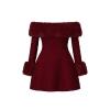 Product shot of the Kouvr burgundy off-the-shoulder mini dress with faux fur detailing on a white background.
