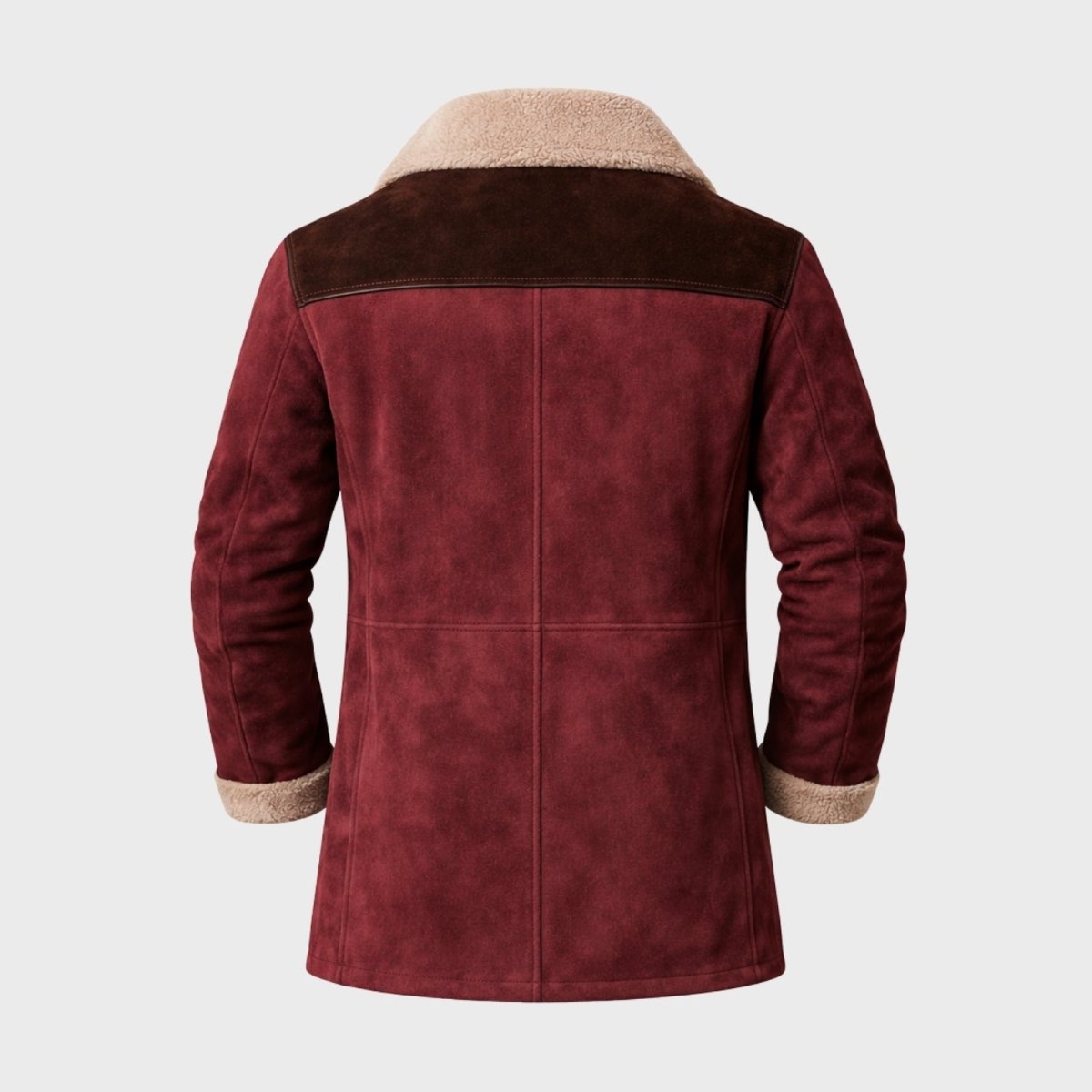 Product shot of the back of the Kouvr suede shearling jacket highlighting the two-tone design and clean seams.