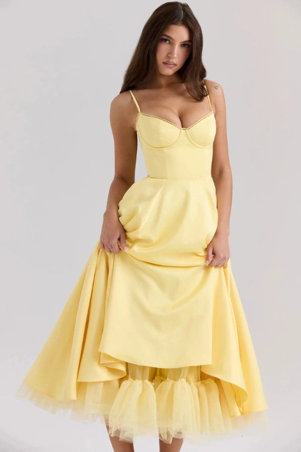 bustier bodice, tea-length, A-line skirt, vintage silhouette, garden party dress.