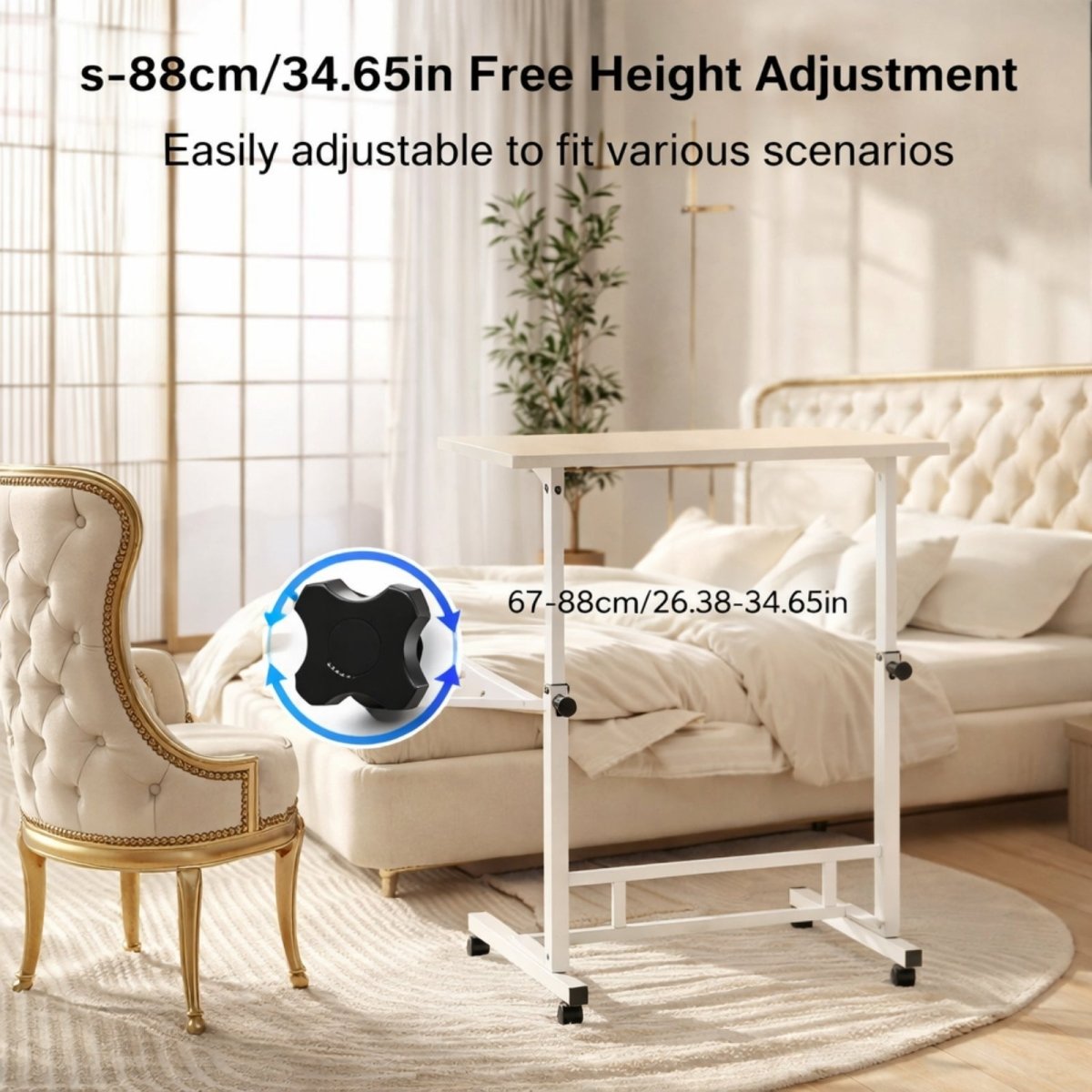The Kouvr mobile desk shown in a bedroom setting, with a graphic highlighting the 67-88cm free height adjustment using the black locking knob.