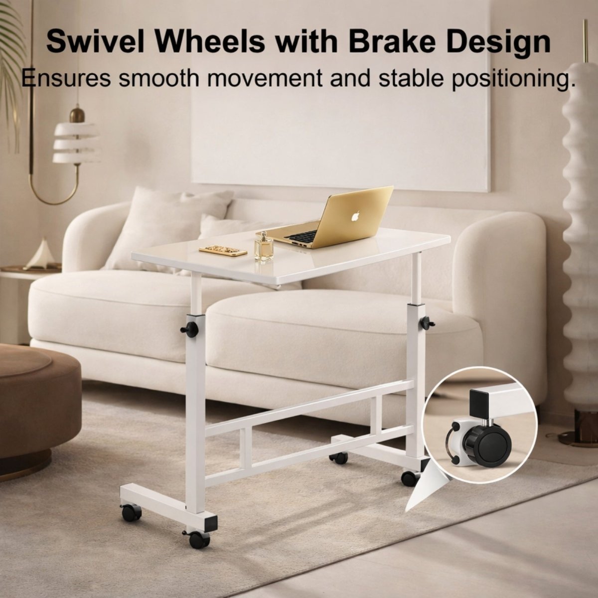 The Kouvr mobile side table next to a sofa, with a magnified inset showing the detail of the black swivel wheel and its locking brake mechanism.